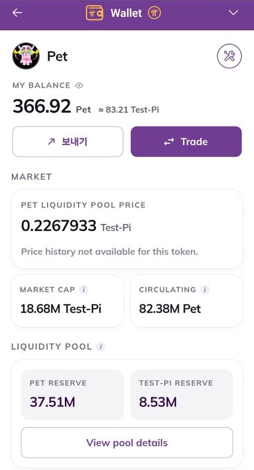 A screenshot of the Pi Wallet interface displaying the "Pet" token page, showing a balance of 366.92 Pet (≈83.21 Test-Pi), with a liquidity pool price of 0.2267933 Test-Pi, market cap of 18.68M Test-Pi, circulating supply of 82.38M Pet, and reserves of 37.51M PET and 8.53M Test-Pi, alongside Trade and Send buttons.
