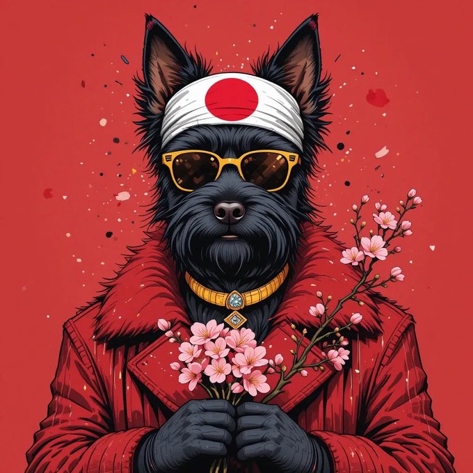 The image features a dog wearing sunglasses and holding flowers with pink petals. The background of the image is red, which complements the dog's attire and adds visual interest to the scene. There is no text present in the image, but there are some words written on it that read "gm future icons and millionaires". This phrase could be a reference to the digital art style or an artistic concept behind the illustration of the dog with flowers.