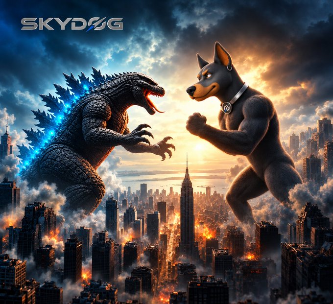 A dramatic digital artwork titled "SKYDOG" depicts Godzilla facing off against a giant Doberman Pinscher in a battle over a burning city skyline.