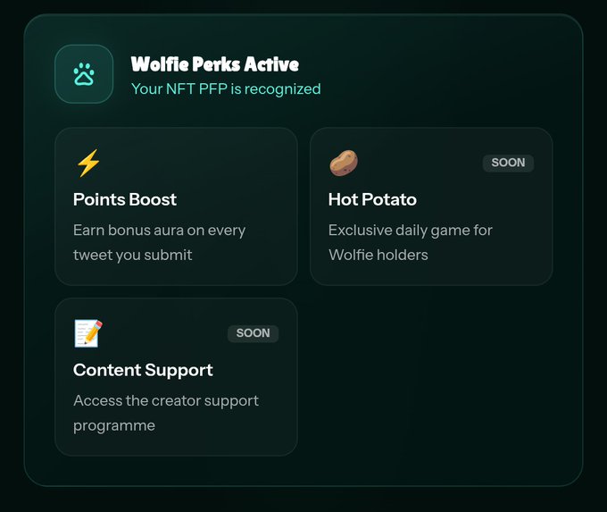 The image shows a screenshot of an email from Wolfie, which appears to be a gaming platform or app. The email contains information about various perks that users can enjoy by holding a Wolfie. These benefits include earning bonus aura points through gameplay, exclusive daily game access for Wolfie holders, and the opportunity to tweet you in exchange for submission. Additionally, there is content support available on the app, which allows users to improve their social reputation by participating in wolfswap activities within the app.
