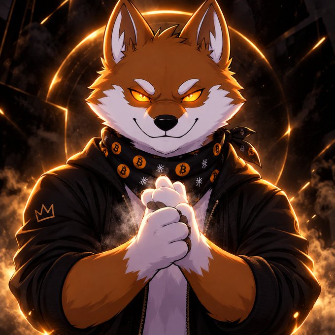 An anime-style anthropomorphic fox character with glowing yellow eyes, wearing a black hoodie and a bandana adorned with Bitcoin logos, standing confidently with hands clasped against a fiery orange backdrop.