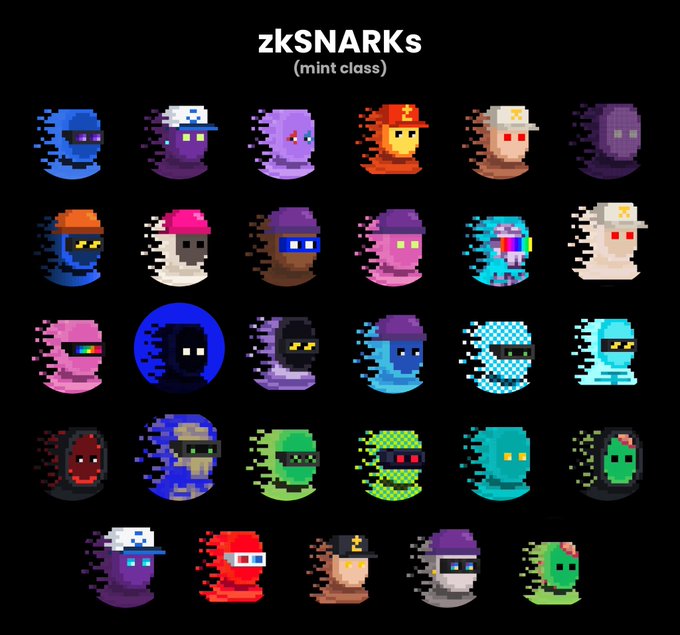 A collection of pixel art character heads in various colors and designs displayed under the title 'zkSNARKs (mint class)' on a black background.