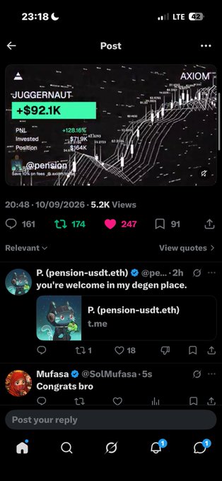 A mobile screenshot of a social media post on X (formerly Twitter) showing a trading performance screenshot labeled 'JUGGERNAUT' with a profit of '+$92.1K' and 'PNL +126.16%' on what appears to be a token called AXIOM, posted by user '@pen5ion'.