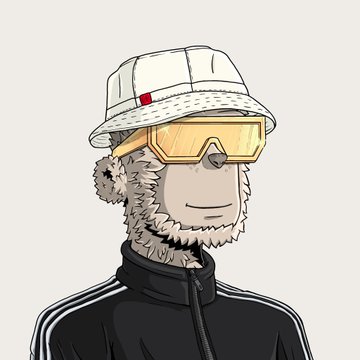 An illustration of a furry character wearing a white bucket hat, yellow ski goggles, and a black Adidas track jacket.