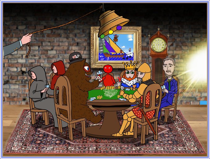 A surreal illustration depicts a group of hooded figures, a pirate, and characters from various IPs (including what appears to be a Monopoly man and a knight) seated around a table playing poker, while a hand from off-screen rings a bell. The "PROBABLY NOTHING" caption likely refers to the subtle reveal that the hand pulling the bell rope is the only one not at the table—suggesting someone is about to catch the players in the act, implying the gathering is covert and meant to stay unnoticed.
