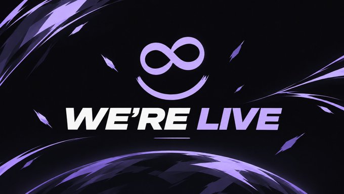 A vibrant "We're Live" graphic featuring a purple infinity-symbol smiley face on a black background with dynamic purple splashes and a glowing planet at the bottom, promoting the launch of tokens on pumpfun (55VW...pump) and stonkfun (8rwp...k5aH).