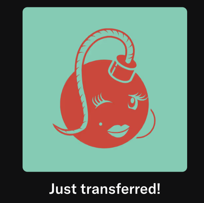 A graphic with a teal background featuring a red illustration of a round, bomb-like character with a face and a fuse, with the text 'Just transferred!' at the bottom.