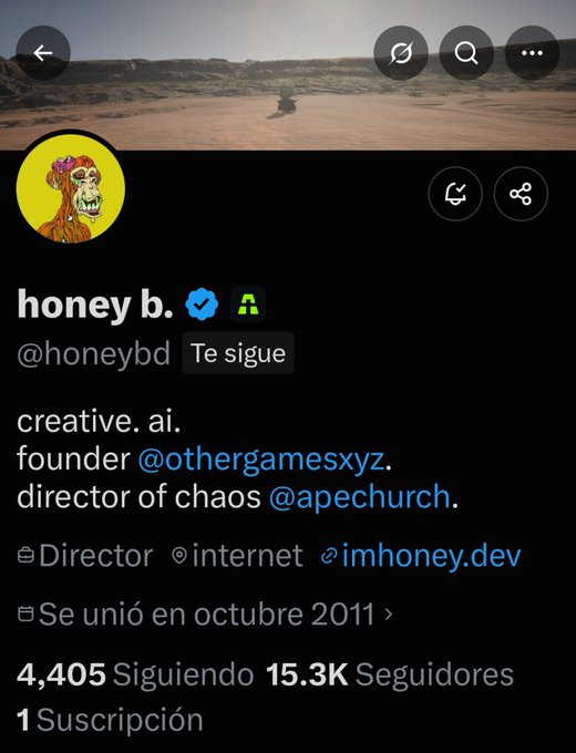 A Twitter/X profile page for 'honey b.' (@honeybd) with a cartoon monkey avatar, listing his bio as 'creative. ai. founder @othergamesxyz. director of chaos @apechurch.', showing 4,405 Following, 15.3K Followers, and joined October 2011.