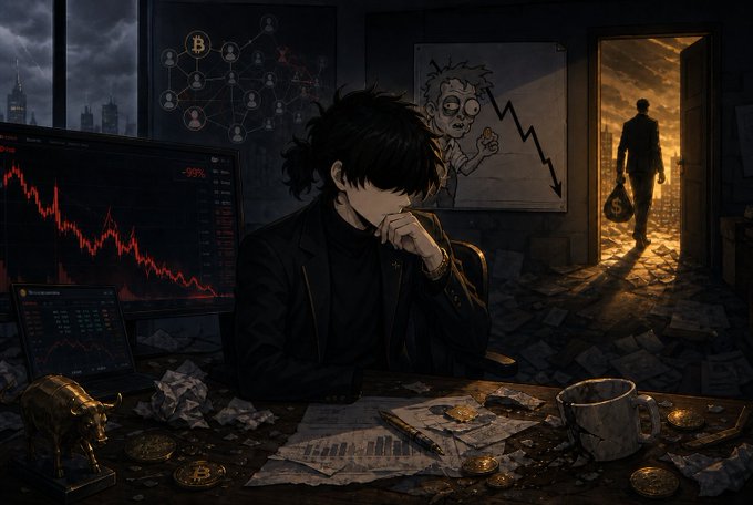 An anime-style illustration showing a dark-haired man in a black turtleneck sitting at a cluttered desk with falling stock charts on a monitor, while a Bitcoin network diagram hangs on the wall and a silhouetted figure walks through a doorway carrying a money bag against a sunset sky.