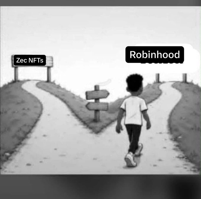 A black-and-white illustration shows a boy walking down a path that forks in two directions, with signs labeled 'Zec NFTs' on the left and 'Robinhood' on the right.