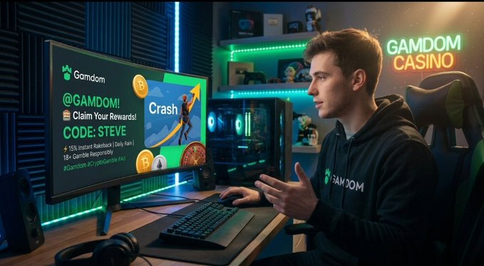 A young man wearing a "GAMDOM" hoodie sits at a gaming setup, with a monitor displaying a promotional message reading "@GAMDOM! Claim Your Rewards! CODE: STEVE" and a neon "GAMDOM CASINO" sign in the background.