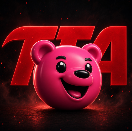 The image features a 3D-rendered pink bear mascot with a cheerful expression, set against a dark background with the bold red letters "TTA" displayed prominently behind it. The post celebrates a strategic collaboration with @rakebitcom, with the bear character likely representing the "RakeBears" collection mentioned, tying the playful mascot to the announcement of their Web3 partnership on Ethereum.