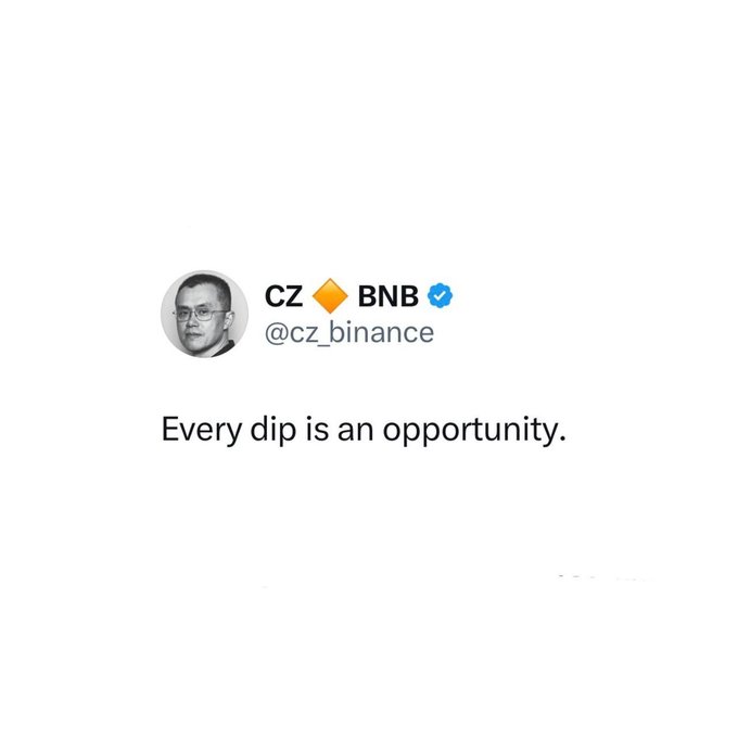 A tweet from CZ 🔶 BNB (@cz_binance) with his profile photo reads "Every dip is an opportunity," reinforcing the post's message about market downturns presenting chances for patient and prepared investors.