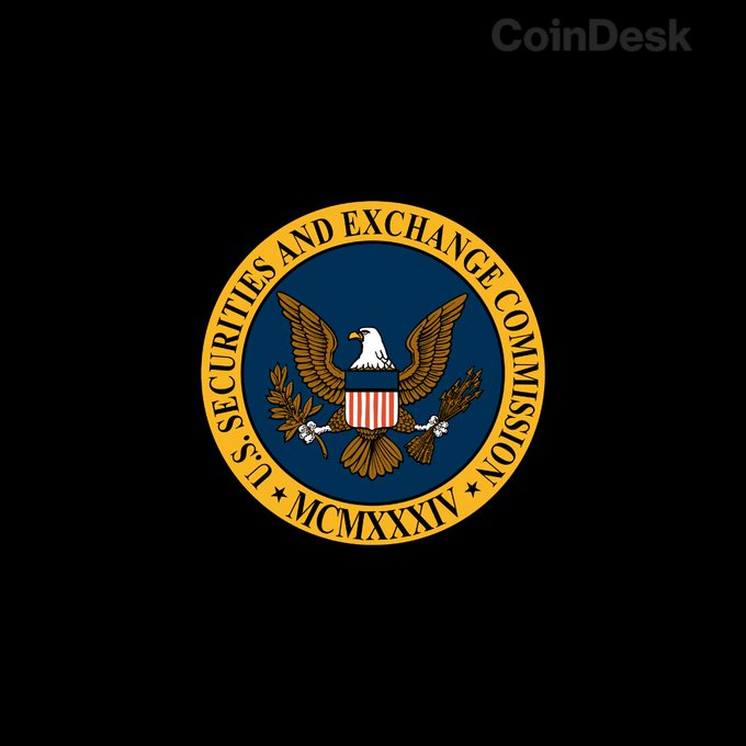 The U.S. Securities and Exchange Commission (SEC) seal featuring an eagle with a shield, displayed on a black background with 'CoinDesk' watermark.