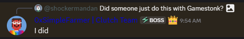 A Discord chat showing user @shockermandan asking "Did someone just do this with Gamestonk?" followed by OxSimpleFarmer confirming "I did" at 9:54 AM, referencing the airdrop of $GAMESTONK tokens to $STONKBROKER holders.