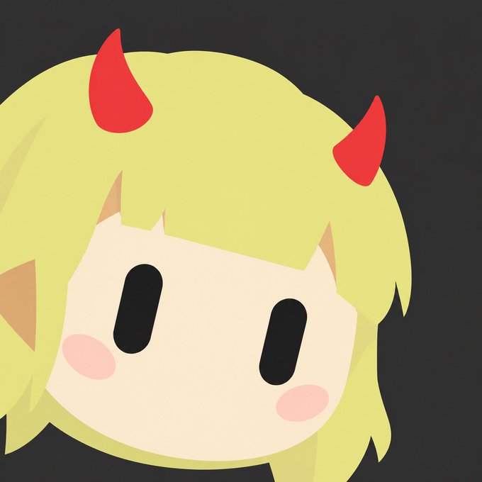 Close-up illustration of a blonde anime-style chibi character with small red devil horns and pink blush cheeks against a black background.