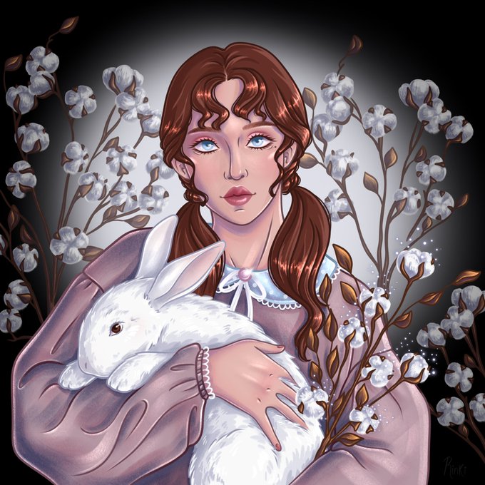 An illustrated portrait of a young woman with auburn braided hair and blue eyes, wearing a pink dress with a white collar, gently holding a white rabbit surrounded by white blossoms and branches against a dark background, signed 'Mina'.