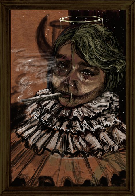A stylized illustration in a frame depicts a green-haired figure with a halo, smoking a cigarette, and wearing a ruffled collar.