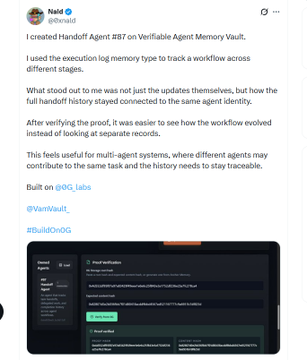 In the given image, there's a screenshot of someone sharing their experience with Verifiable Agent Memory Vault (VAM) using 0G Mainnet. The person posted a message about creating an execution agent for VAM memory vaulting on a blockchain network called 0G, and they provided the details of the verification process conducted over several days. It seems like multiple participants were tested in real-time using different transaction methods as part of this verification process.