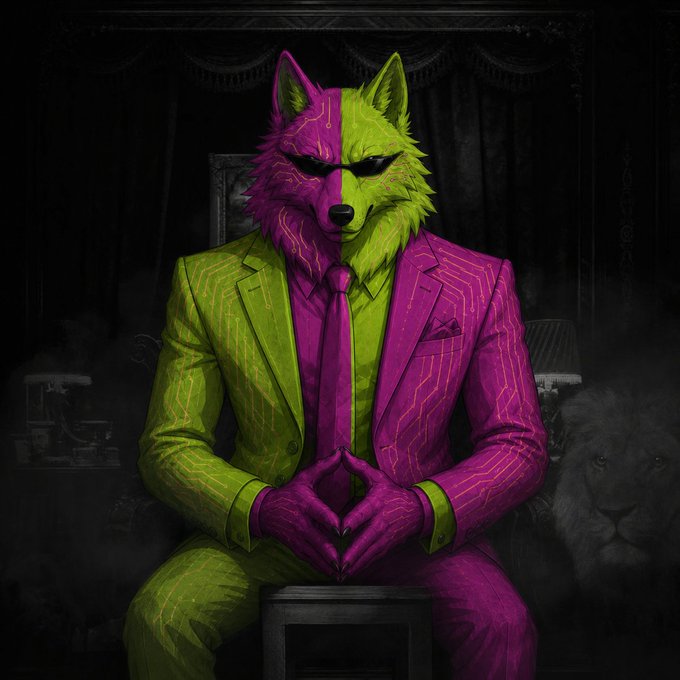 A stylized anthropomorphic wolf in a two-toned magenta and lime green pinstripe suit sits in a shadowy room with hands steepled, while a lion watches from the background—visually representing the "$pack" as a powerful, composed predator feeding while others panic-sell.