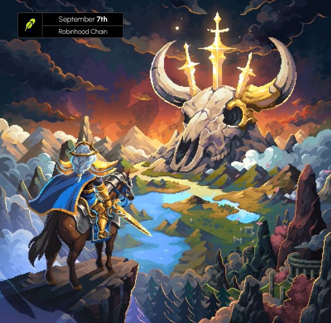 A pixel-art giveaway announcement shows an armored knight on horseback overlooking a fantasy landscape with a horned skull and three swords impaled on a mountain, with text reading "September 7th" and "Robinhood Chain" in the top corner to promote 10 Fortune Foes Bear & Bulls NFT allowlist spots.