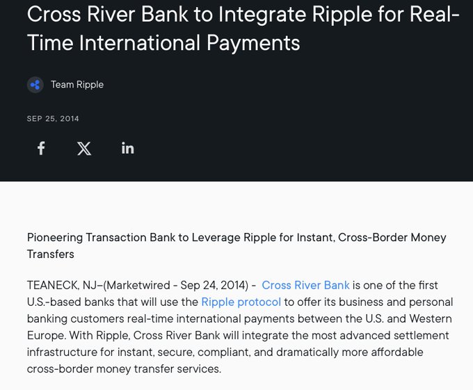 A 2014 Ripple announcement reveals Cross River Bank became one of the first U.S. banks to integrate the Ripple protocol for real-time international payments between the U.S. and Western Europe—highlighting an early banking adoption that the poster feels deserves more attention.
