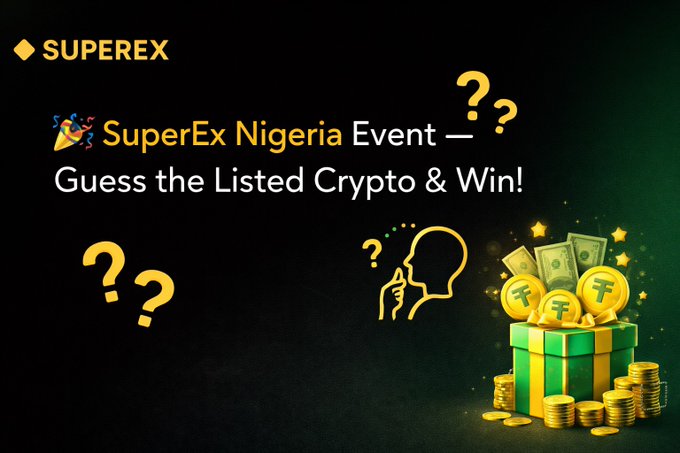 The image is a promotional graphic for a "SuperEx Nigeria Event — Guess the Listed Crypto & Win!" featuring festive confetti, a thinking figure with question marks, and a green gift box overflowing with gold coins and Tether (USDT) symbols, visually aligning with the caption's call to action for Nigerian users to guess a listed token for a chance to win a share of 20 USDT.