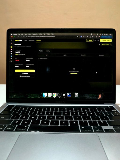 A MacBook Pro displays the Vestance portal showing a portfolio valued at $4.37 (Standard Dev: 10.05, Difference: $0.06), with an empty positions table and a "No active positions yet" message. The image ties to the post's teaser about a new VistaPex feature launching within 48 hours, hinting that the platform is on the verge of unveiling new functionality.