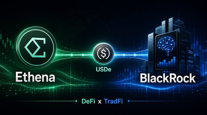 Crypto/finance graphic showing Ethena's green logo on the left connected to a "USDe" dollar coin in the center, which links to BlackRock's logo on the right, labeled "DeFi x TradFi" at the bottom.
