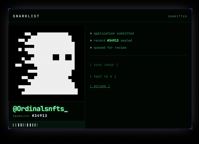 The image shows a SNARKLIST interface displaying a pixelated ghost-like figure (record #34913) marked as submitted and queued for review under the handle @Ordinalsnfts_. The accompanying post promotes the project as the "first NFT project Zec Bit," using the SNARKLIST submission screen as visual proof of an application being processed for this ZEC-related NFT initiative.