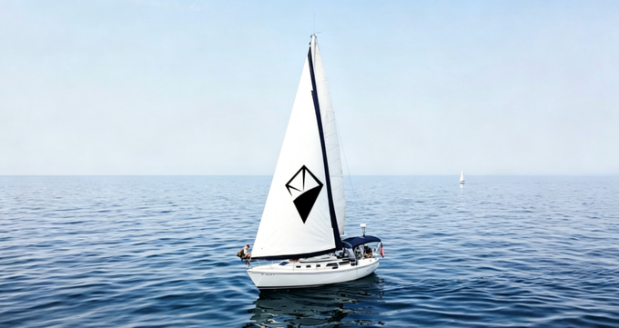 A sailboat gliding on calm blue waters, featuring a white sail emblazoned with a black diamond logo.