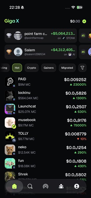 The Giga X mobile app interface displaying a leaderboard with top users like point farm c... and Salem, along with a list of crypto tokens (PAID, lockinu, Launchchat) showing their prices and percentage changes.