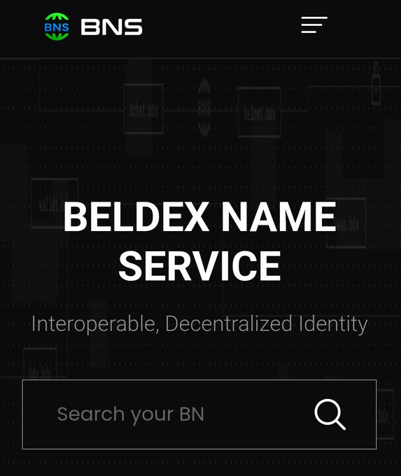 A screenshot of the Beldex Name Service (BNS) website interface, featuring the logo and a search bar with the text 'BELDEX NAME SERVICE' and 'Interoperable, Decentralized Identity'.