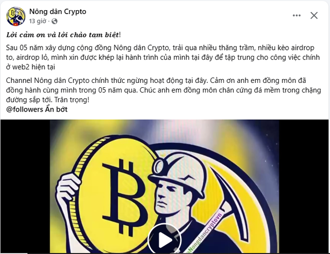 A Facebook post from "Nông dân Crypto" in Vietnamese that appears to be a farewell message announcing the channel's closure, featuring a Bitcoin-themed graphic with a miner holding a pickaxe and a large "B" coin.