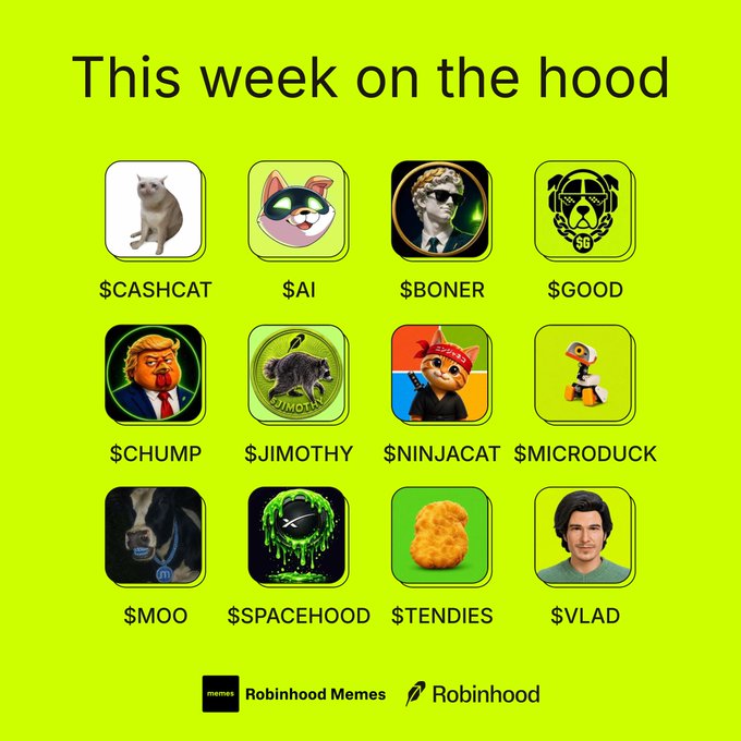 A bright lime-green promotional graphic titled "This week on the hood" displays a 3x4 grid of meme coin icons labeled $CASHCAT, $AI, $BONER, $GOOD, $CHUMP, $JIMOTHY, $NINJACAT, $MICRODUCK, $MOO, $SPACEHOOD, $TENDIES, and $VLAD, with "Robinhood Memes" and Robinhood branding at the bottom. The image visually showcases the featured tickers referenced in the accompanying post, which highlights specific coins like $CASHCAT ("face of the chain"), $AI ("stock-meme leader, NVDA pair"), $BONER ("HIMS squeeze still rotating"), $GOOD ("loyalty play"), $CHUMP ("new name getting eyes"), $JIMOTHY ("community still loud"), and $NINJACAT ("ninja cat").