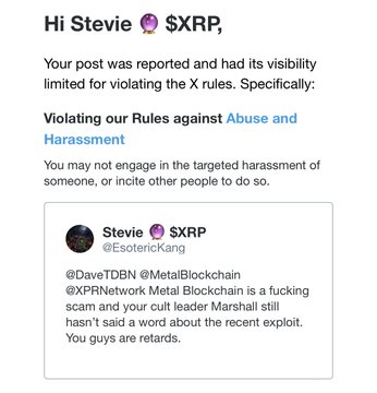 A Twitter notification shows Stevie (@EsotericKang) was reported for violating rules against abuse and harassment after calling the Metal Blockchain project, co-founded by Dave TDBN and Marshall, a "fucking scam" and calling its cult leader Marshall a "retard." This relates to the post as Stevie is mocking Metallicus supporters for reporting his critical tweets while seemingly tolerating their own harassment against him.