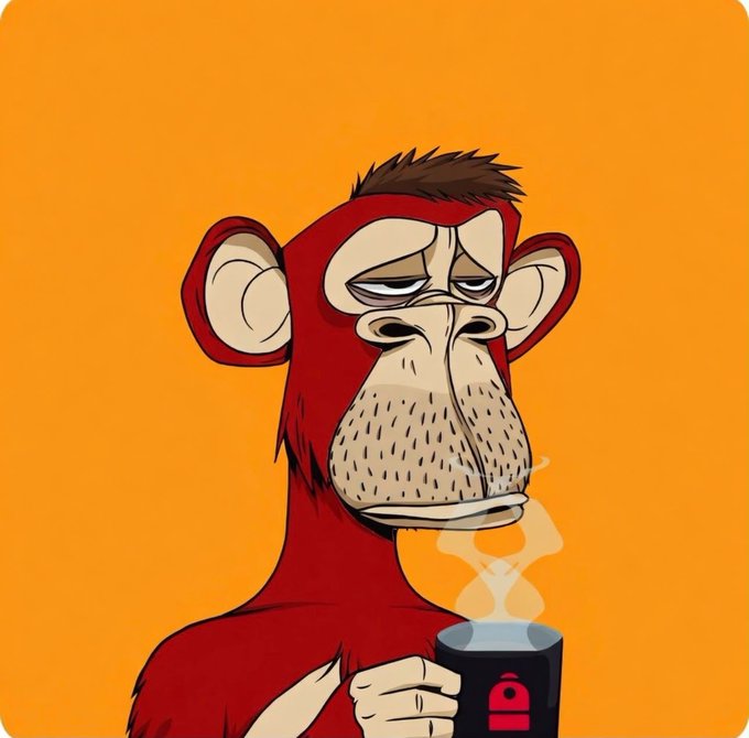 A cartoon monkey character with a tired expression holds a steaming mug, reflecting the "Persistent Otherside / Yuga / BAYC" post—referencing the Bored Ape Yacht Club NFT collection and its associated Yuga Labs ecosystem.