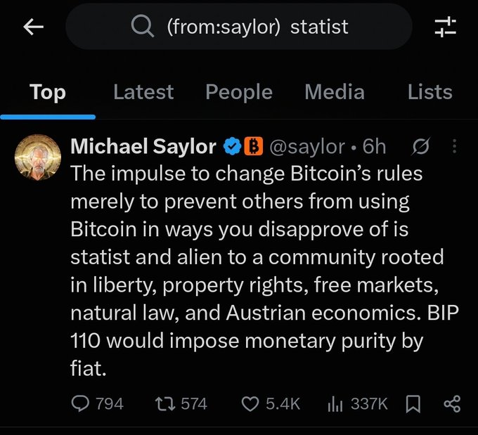 A screenshot of a tweet from Michael Saylor (@saylor) arguing against BIP 110, stating that changing Bitcoin's rules to restrict certain uses is "statist" and alien to the community's libertarian values, amassing 5.4K likes and 337K views. The accompanying post mocks Saylor for only denouncing statism when a soft fork he opposed was proposed, highlighting the irony of his selective anti-statist stance.