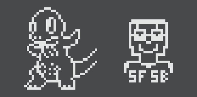 Pixel art characters in white outline on a gray background, showing a dinosaur wearing headphones on the left and a sunglasses-wearing character with 'SF SE' on its shirt on the right.