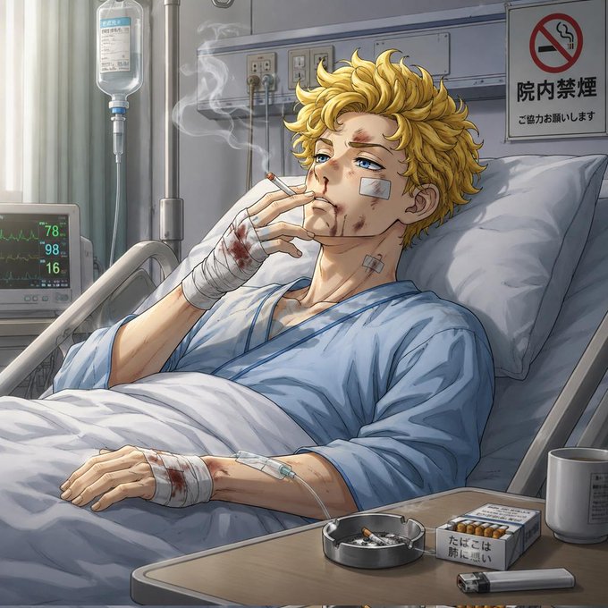 The image features a cartoon character lying down in bed with bandages on their arms, smoking a cigarette while surrounded by various objects such as cigarettes, a cup of coffee, and a computer monitor. The scene appears to be set in an emergency room or hospital setting, where the character is receiving medical attention for their injuries.