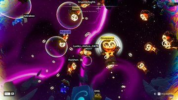 A screenshot from a space-themed multiplayer game showing player avatars in bubbles navigating through purple cosmic environments with planets and stars.