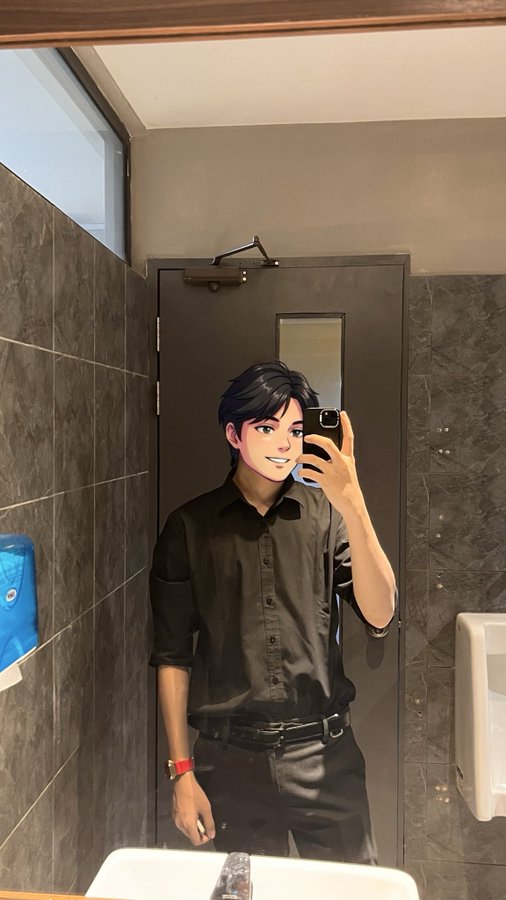 A mirror selfie of a person holding a smartphone, with a cartoon filter applied that replaces their face with an animated illustration of a smiling character in a black shirt.