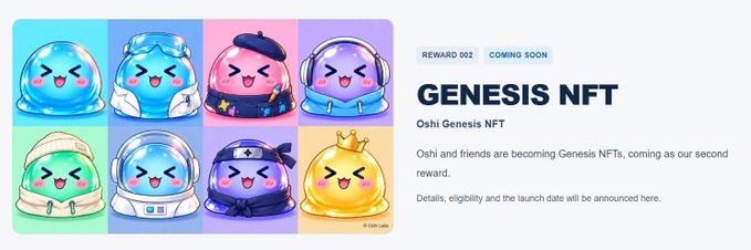 A promotional graphic for "Oshi Genesis NFT" (Reward 002, Coming Soon) featuring eight colorful, slime-like cartoon characters in various outfits including a beret, hood, headphones, beanie, sailor hat, and crown, relating to a post urging users to complete around 50 tasks for a free mint to secure a good leaderboard ranking on studio.oshi-labs.com.