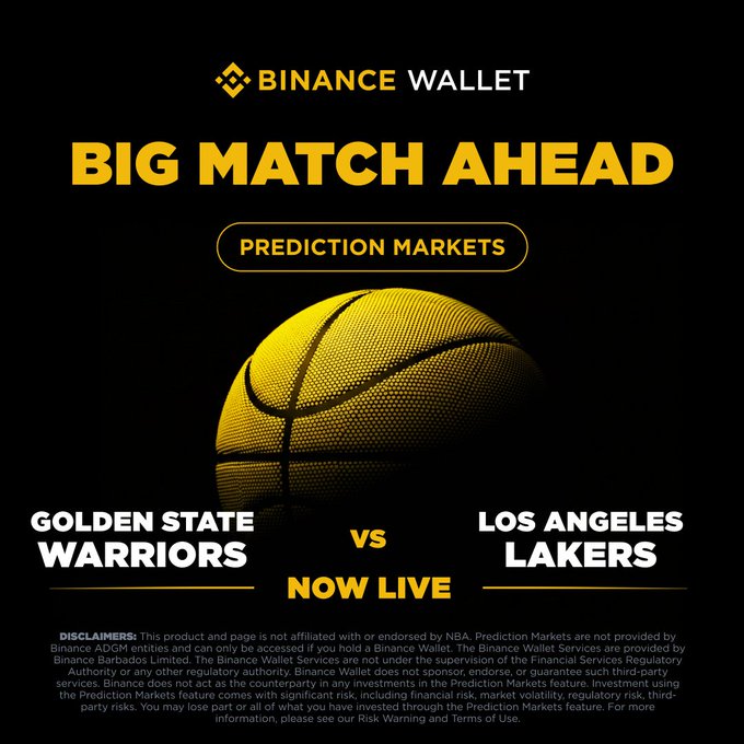 A Binance Wallet promotional graphic announcing a live Prediction Market for an NBA matchup between the Golden State Warriors and Los Angeles Lakers, featuring a large yellow basketball on a black background with bold "BIG MATCH AHEAD" text and a "NOW LIVE" banner, directly supporting the post's call for users to pick a winner on the Prediction Markets platform.