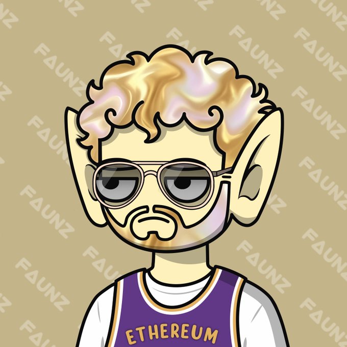 A cartoon elf character with curly blonde hair, sunglasses, and a mustache wearing a purple "ETHEREUM" jersey is displayed against a tan background watermarked with "FAUNZ" text, promoting the free mint giveaway of 1111 FAUNZ NFTs.