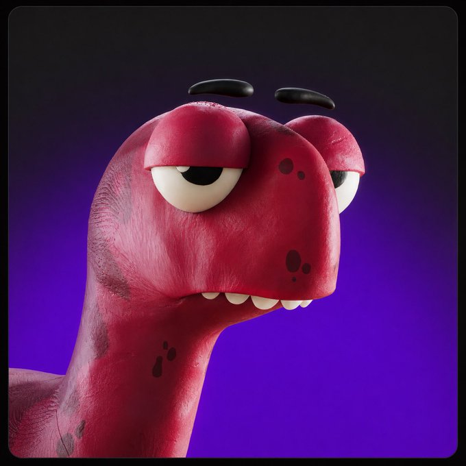 A 3D-rendered cartoon dinosaur character identical in pose to Image 4, but with reddish-pink skin against a gradient purple background.