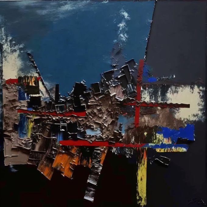 An abstract painting characterized by heavy, textured impasto brushstrokes in dark blue, brown, red, and black, depicting what appears to be a fragmented cityscape or architectural forms.