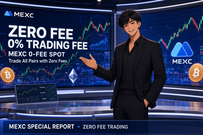 A promotional graphic for MEXC featuring an anime-style man in a black suit gesturing toward text that reads 'ZERO FEE 0% TRADING FEE' and 'MEXC 0-FEE SPOT', set against a backdrop of cryptocurrency trading charts.