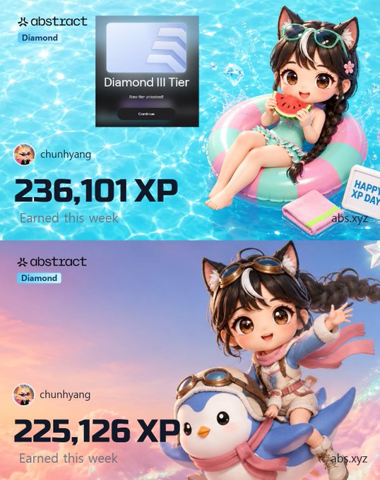 Two graphics from the 'abstract' platform show a user 'chunhyung' earning '236,101 XP' and '225,126 XP' respectively this week, featuring anime-style female characters and a 'Diamond III Tier' unlocked badge in the top image.