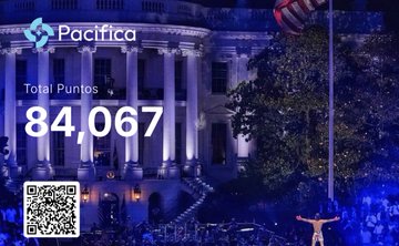 A promotional graphic for 'Pacifica' showing a total of 84,067 puntos overlaid on an image of the U.S. Capitol building with a QR code in the corner.